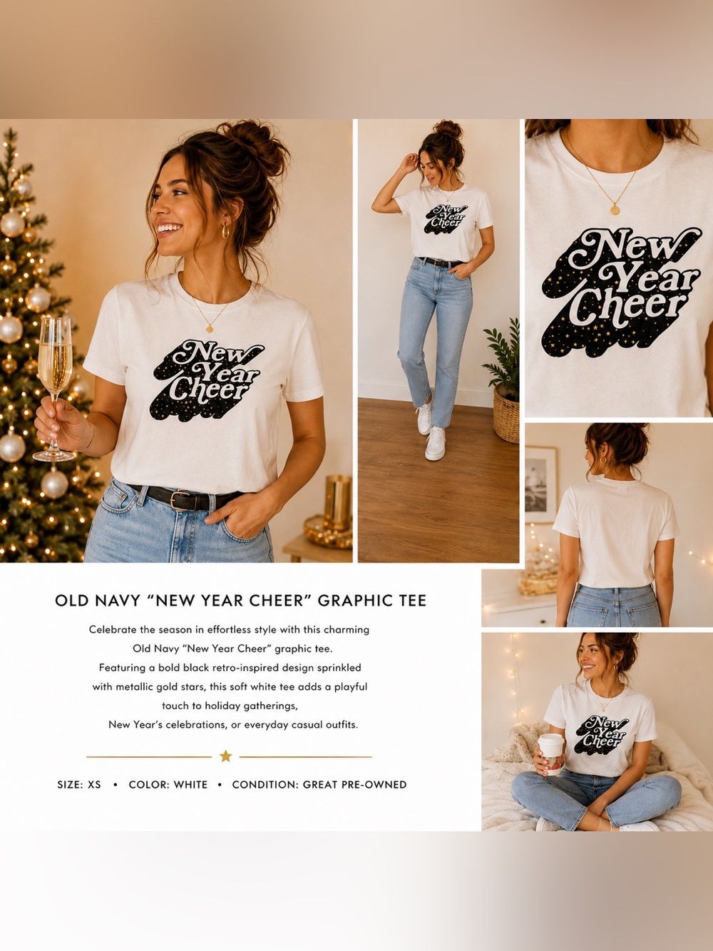 Old Navy New Year Cheer Graphic Tee XS White Short Sleeve Holiday Shirt